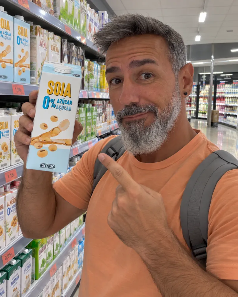 Jonathan Aguilar en el pasillo de bebidas vegetales levantando un brik de bebida de soja 0 % Hacendado como si fuera un trofeo