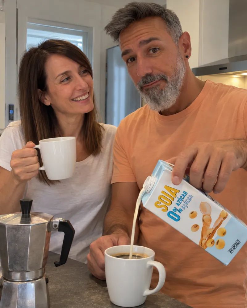 Jonathan echando bebida de soja en el café mientras Laura se ríe con su taza